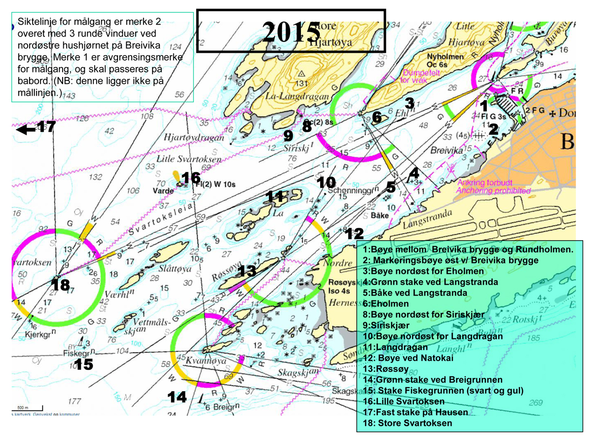 Kart over seilingsområde Tirsdagsregattaen 2015