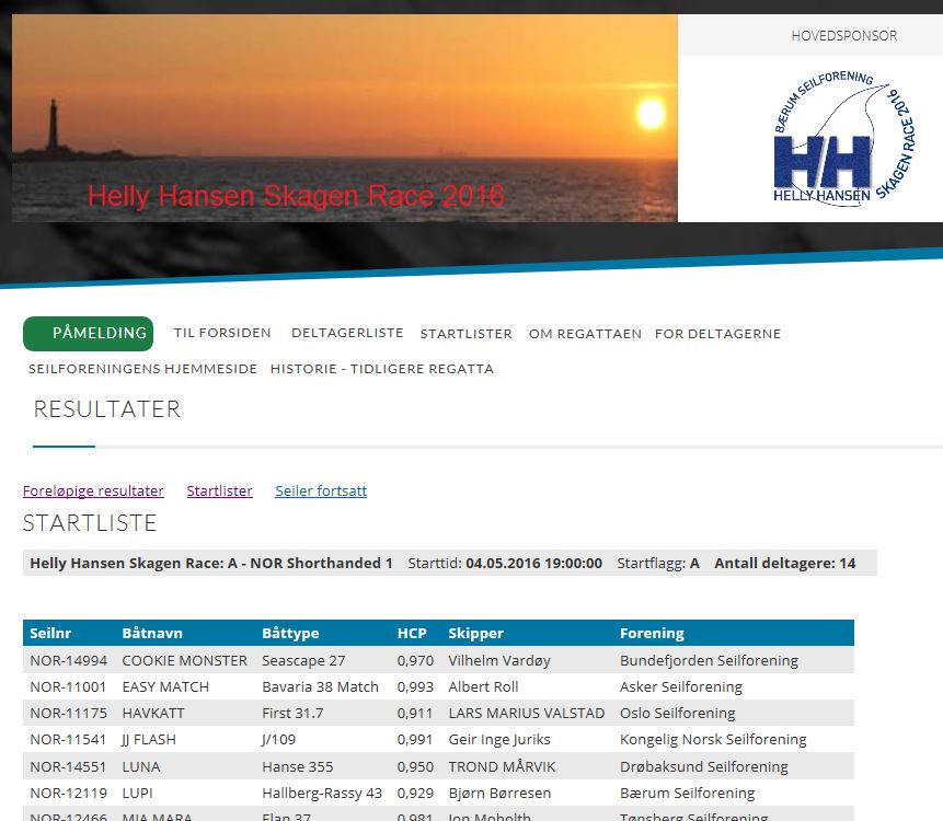 Helly Hansen Skagen Race 2016, Startlister og seilingsbestemmelser lagt ut